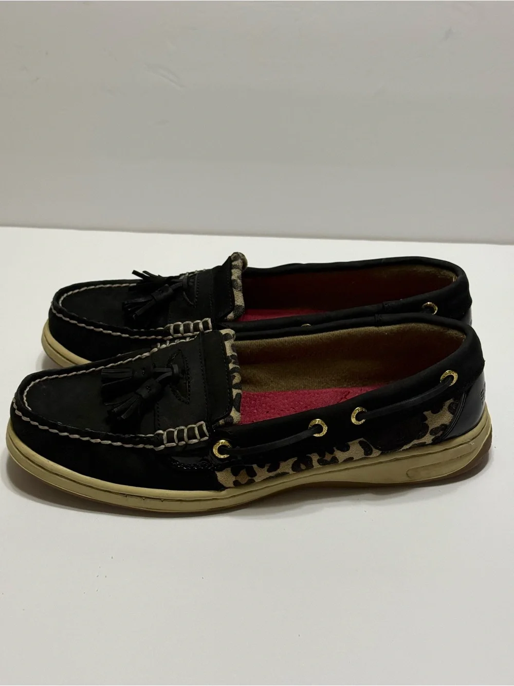 Sperry Top-Sider Women’s Black Tassel Loafers with Leopard Trim Sz 9M